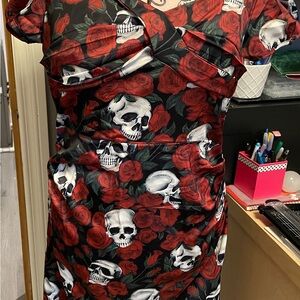 Skull and Roses Midi Dress - Black and Red
